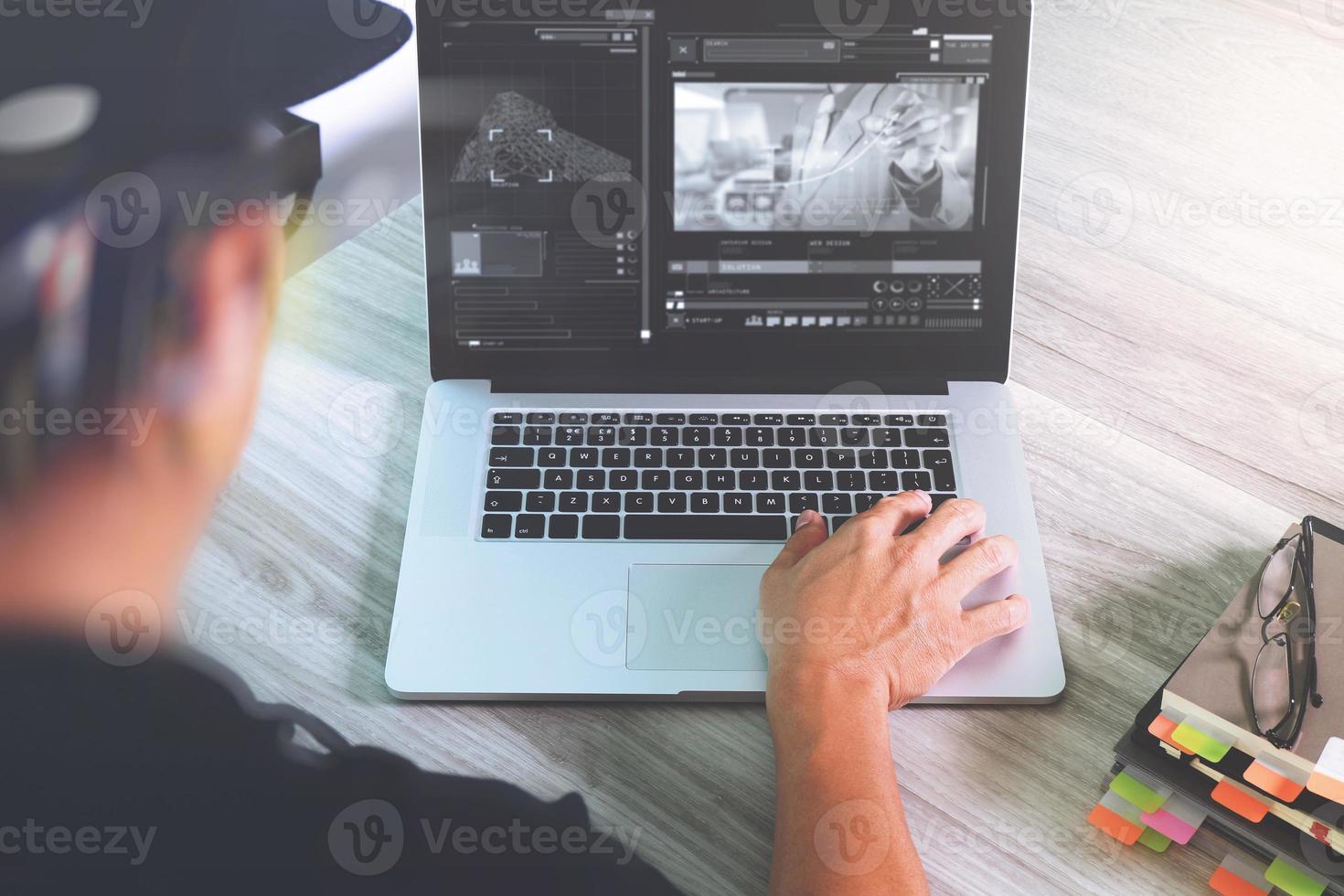 designer hand attending video conference with laptop computer at desk in office photo