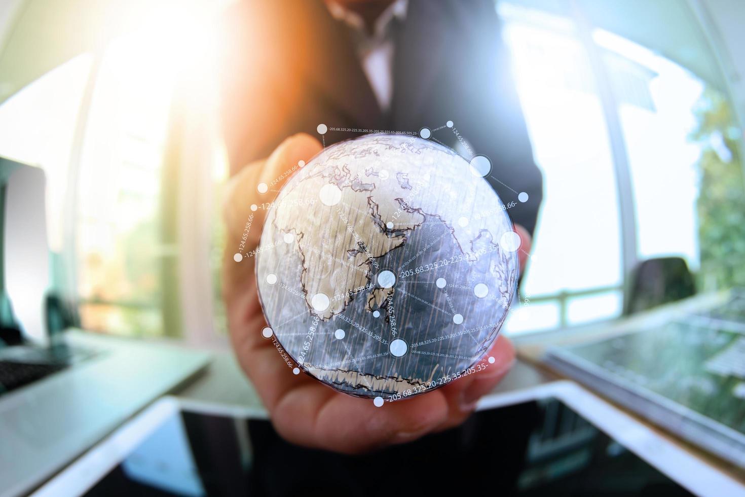 close up of businessman hand showing texture the world with digital social media network diagram concept Elements of this image furnished by NASA photo