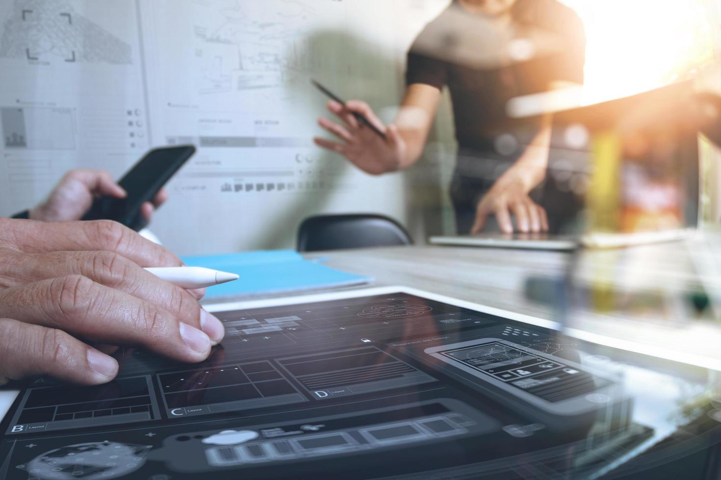 Businessman making presentation with his colleagues and business strategy digital layer effect at the office as concept photo