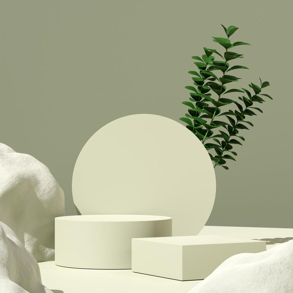3D illustration rendering image of empty space mockup podium geometric shape and green nature themed for product display photo