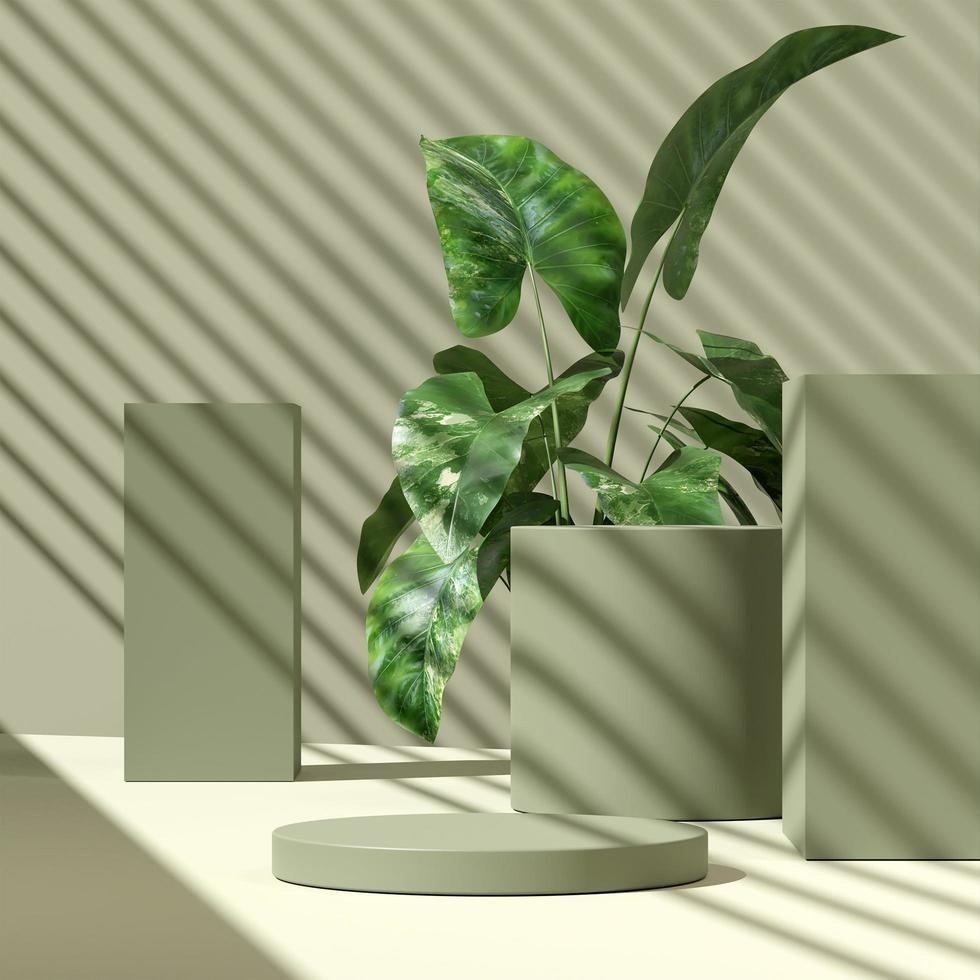 3D illustration rendering image of empty space mockup podium geometric shape and green nature themed for product display photo