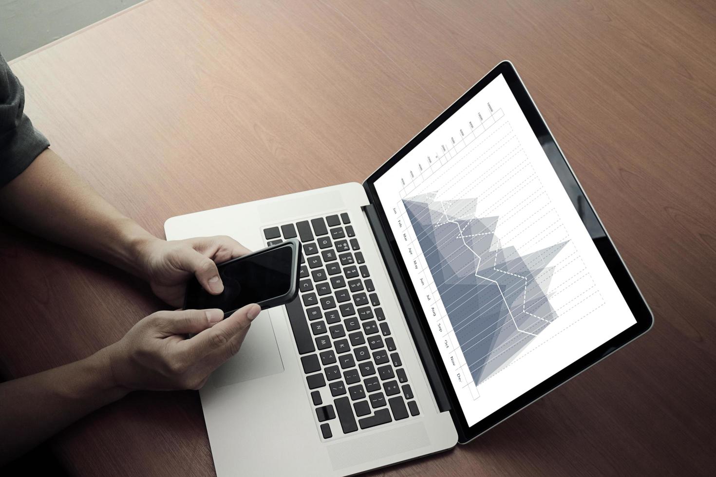 top view of Double exposure of businessman hand working with new modern computer and business strategy as concept photo