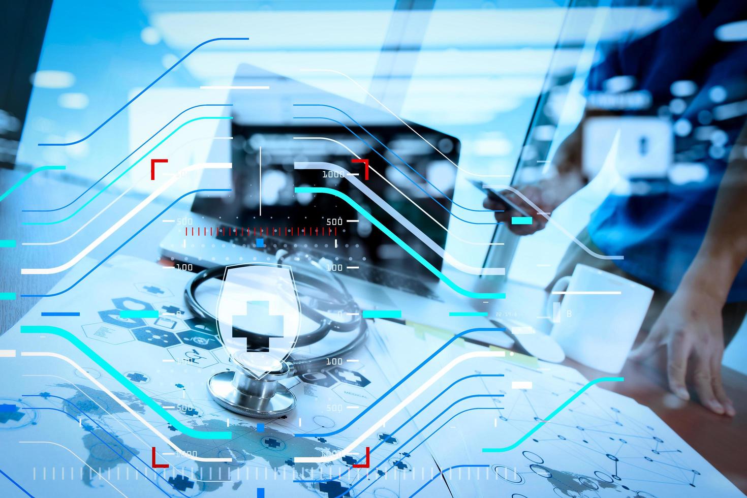 Doctor working with digital tablet and laptop computer in medical workspace office and medical network media diagram as concept photo