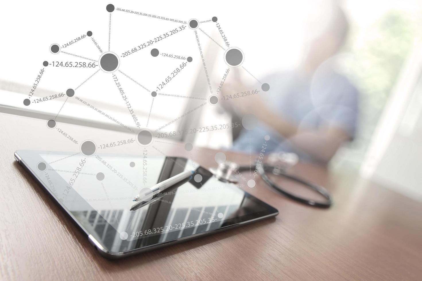 Doctor working with digital tablet in medical workspace office as concept photo