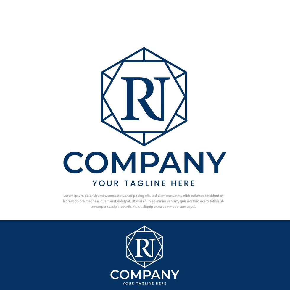 Hexagon vector logo design template, monogram design elements in simple line style with space for RI text.
