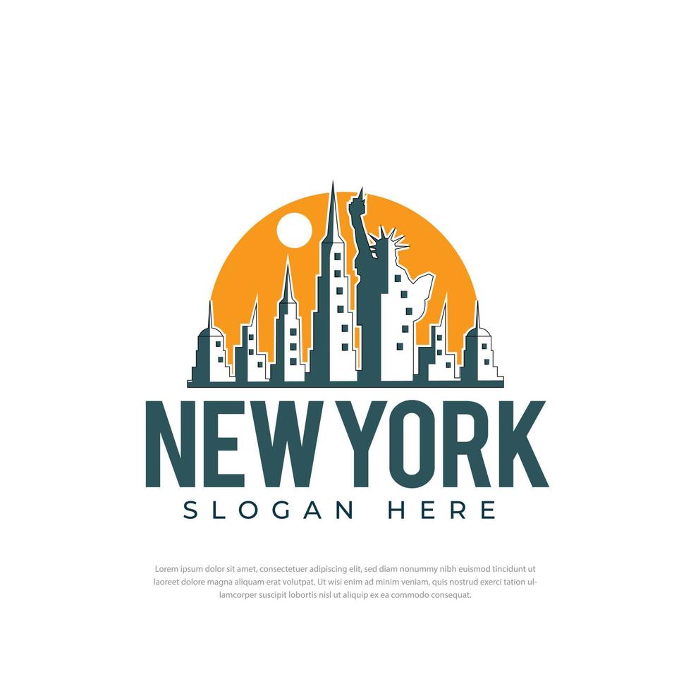 diseño de logotipo ilustración gráfica de la soleada ciudad de nueva york con edificios famosos y puntos de interés. diseño moderno de arte de línea vectorial. vector