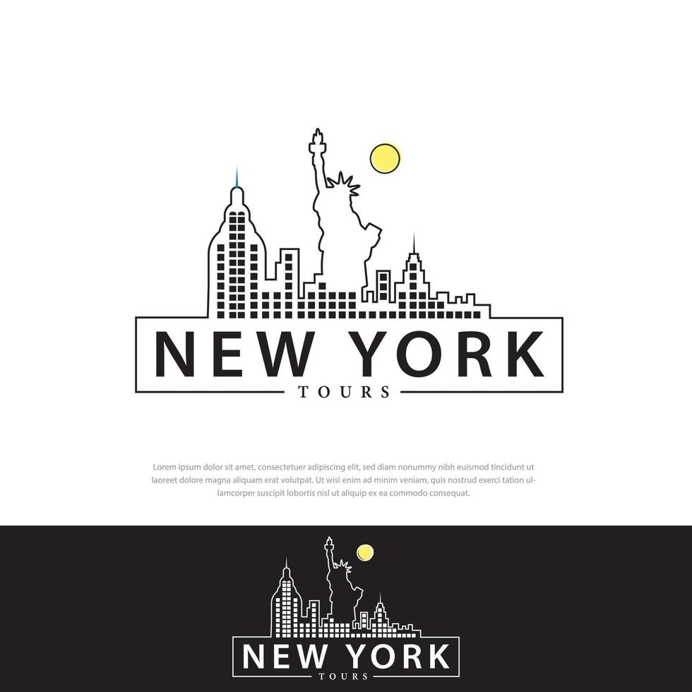 diseño de logotipo ilustración gráfica de la ciudad de nueva york con varios edificios famosos y puntos de interés. diseño moderno de arte de línea vectorial. vector