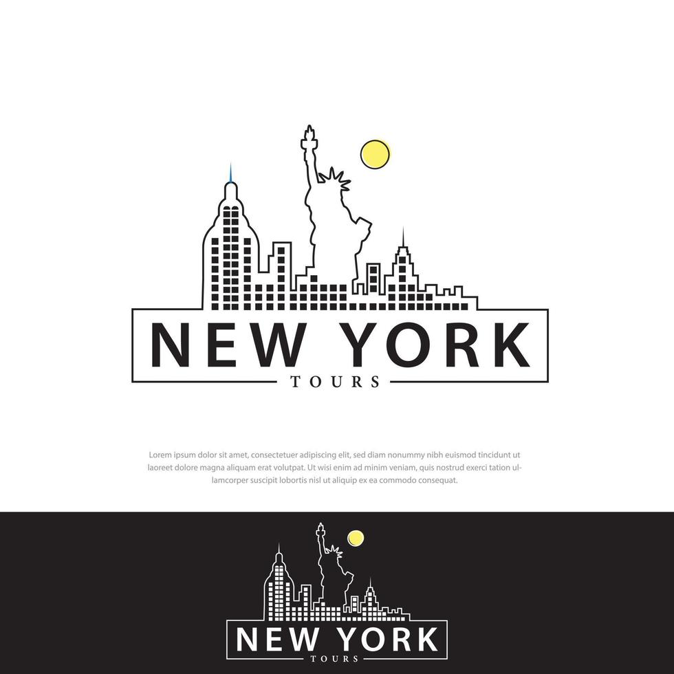 Logo design Graphic illustration of New York City with various famous buildings and points of interest. Modern vector line art design.