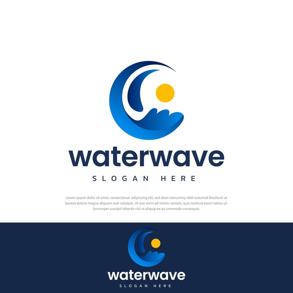 símbolo de ilustración de logotipo de olas rodando el océano, sol brillante, símbolo, icono, plantilla vector