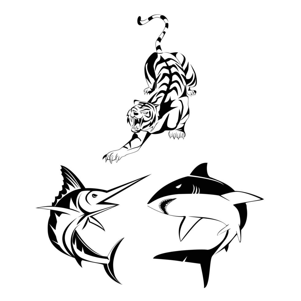 Tiger, Shark and Marlin Fish vector