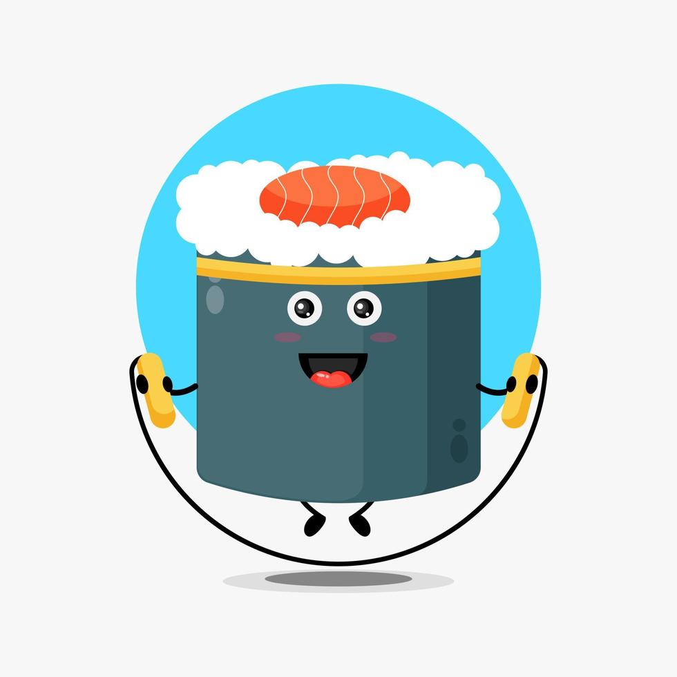 lindo personaje de rollo de sushi haciendo saltar la cuerda vector