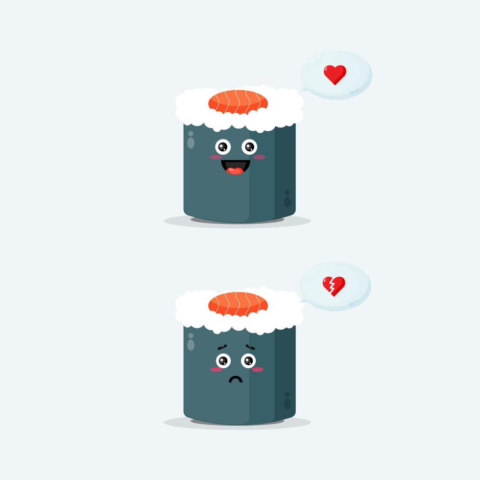 Cute sushi roll character with happy and sad expressions vector