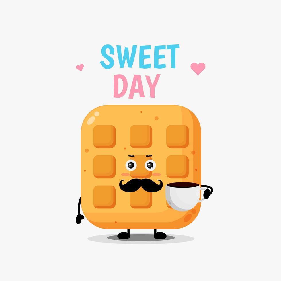 Cute happy waffle with coffee cup vector