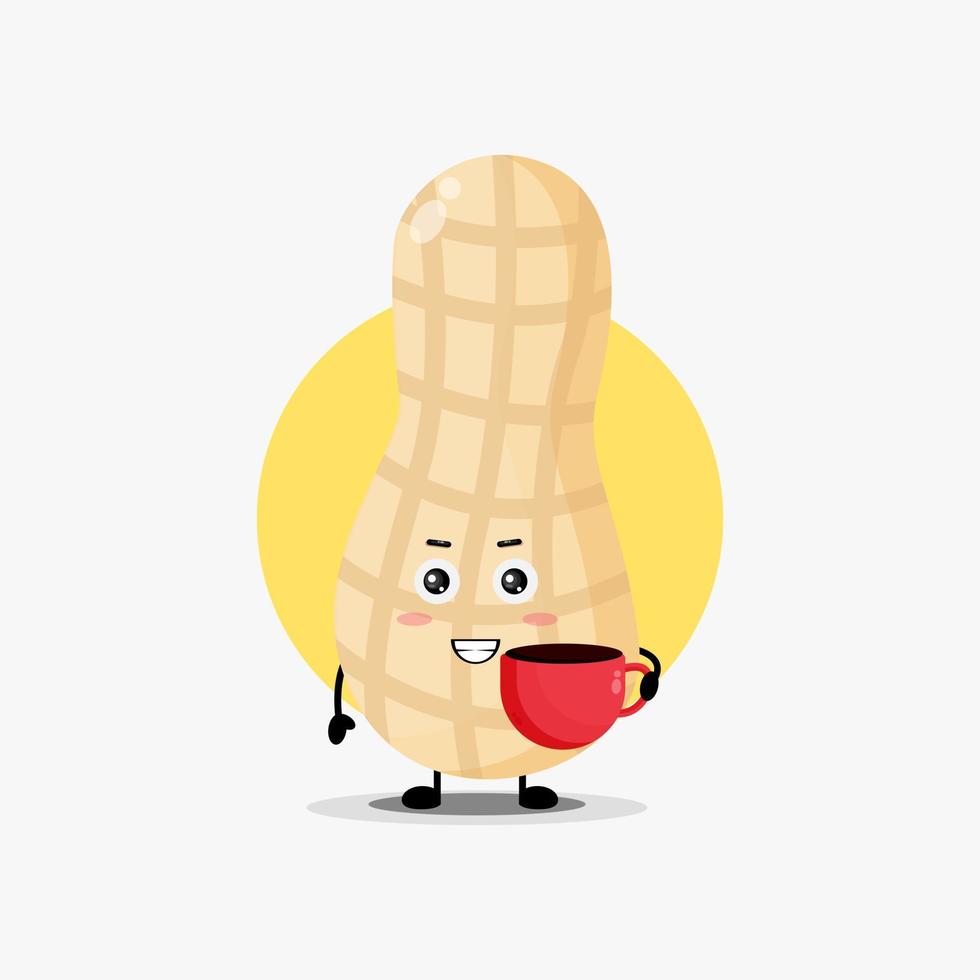 Cute happy peanut with coffee cup vector