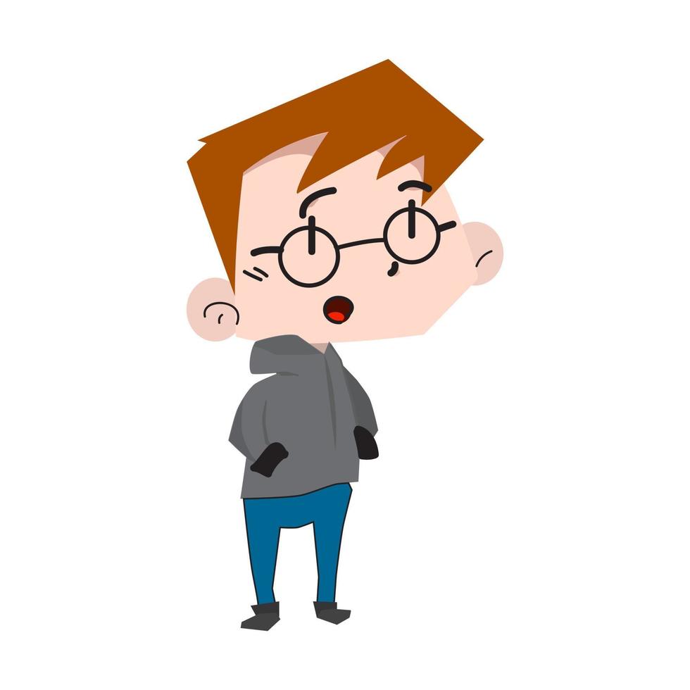 lindo personaje adolescente con gafas al estilo chibi con una sudadera con capucha o suéter mientras sonríe vector