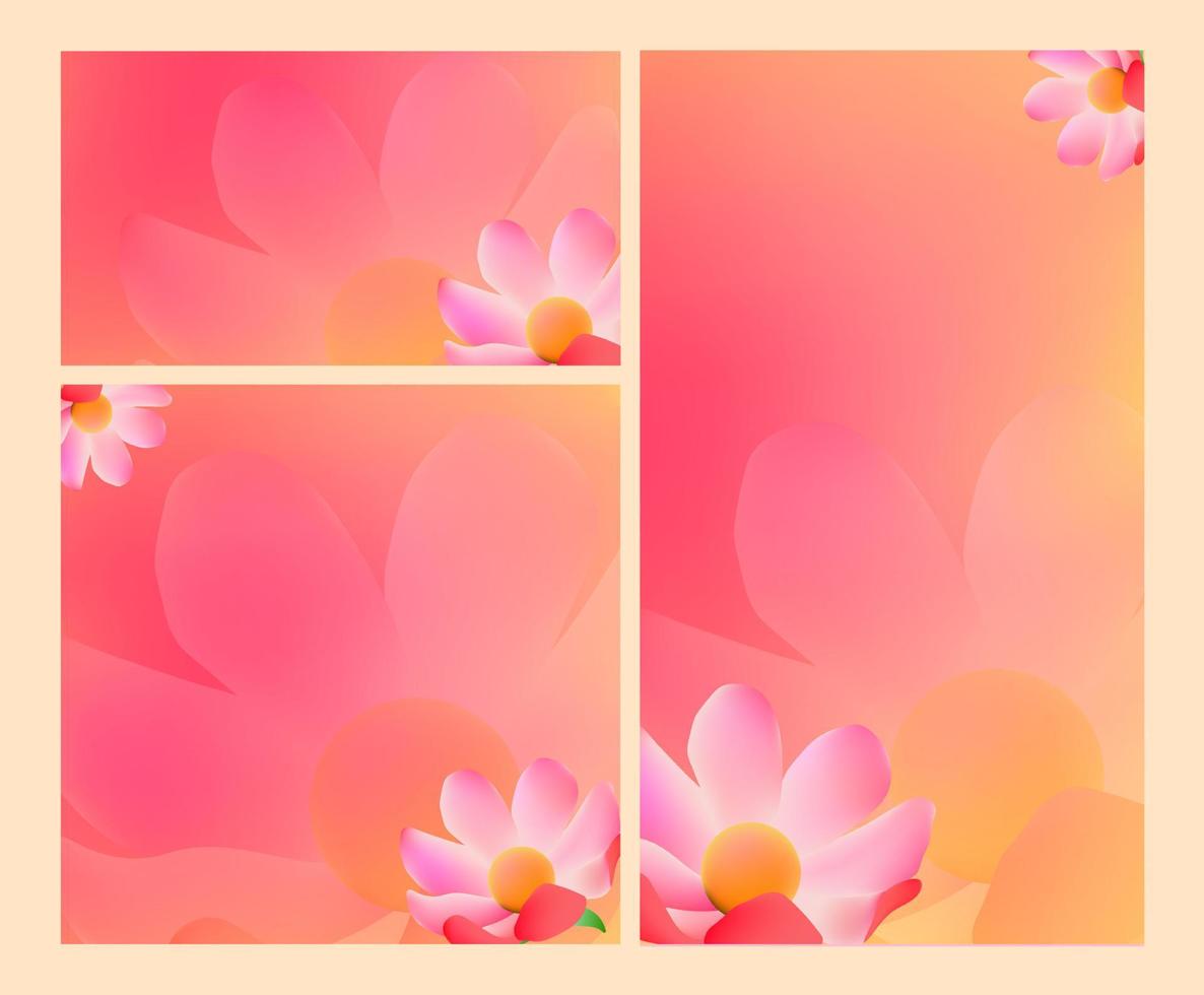 paquete promocional en línea con matices femeninos y románticos, gradaciones de color rosa amarillo suave y adornos florales en varios tamaños de cuadrado, retrato y paisaje vector