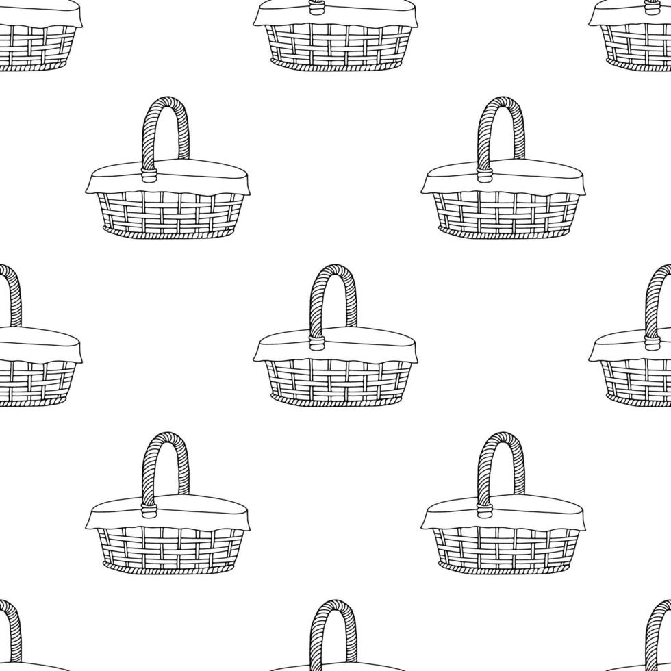 Wicker basket with handkerchief seamless pattern, hand drawing line. Black and white image. Oval basket for a holiday, picnic, Pets.Home item.Vector vector