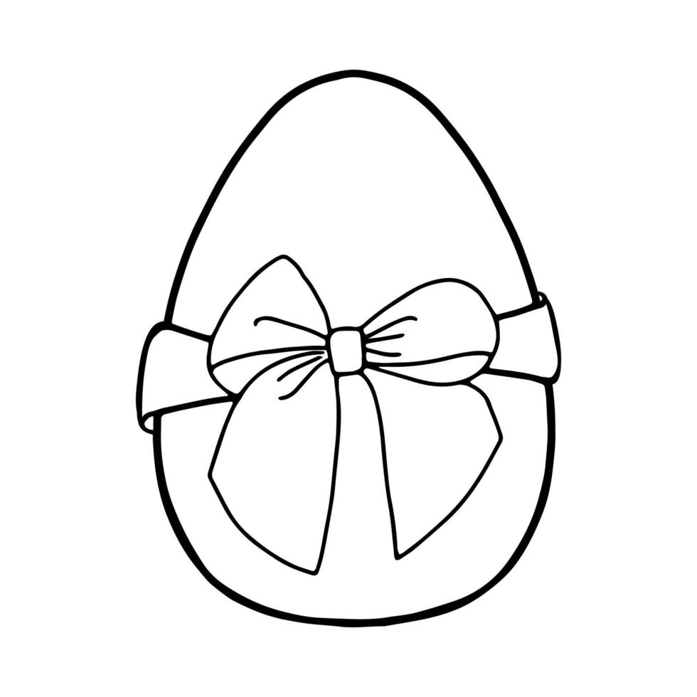Easter egg with a bow-Doodle style . A black-and-white image isolated on a white background.Festive egg with a ribbon.Coloring.Outline drawing by hand.For postcards, decorations for Easter. vector