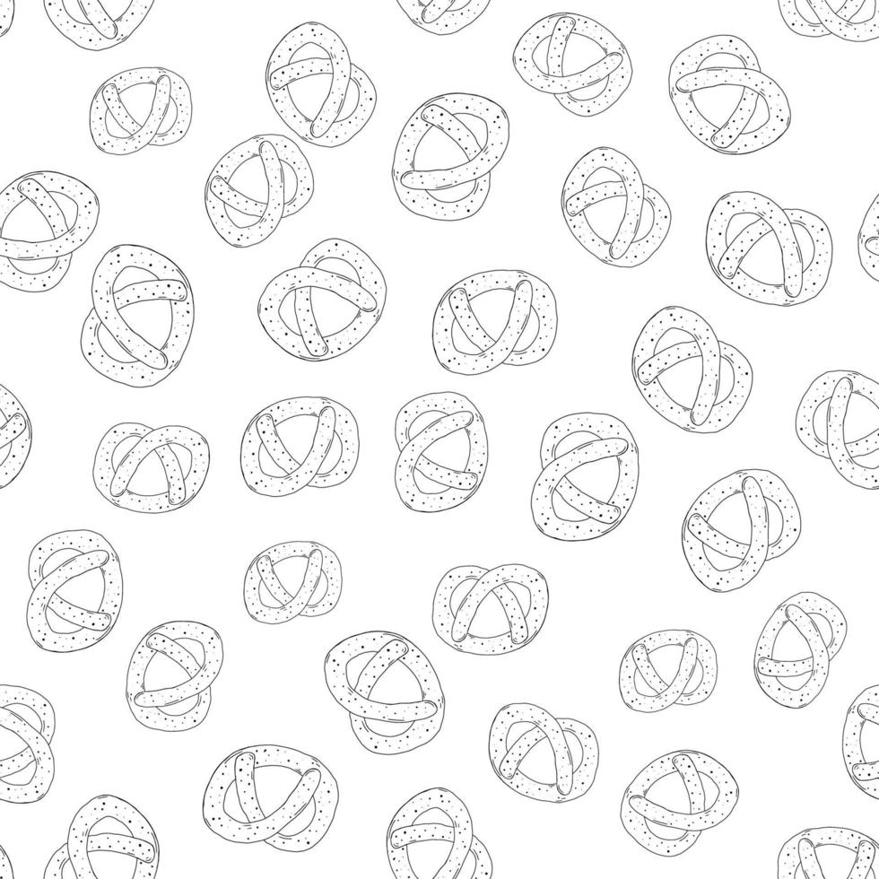 Pretzel seamless pattern on a white background. Hand drawn line drawing. Doodles. Packaging for baking, printing for textiles. Delicious pastries.Vector vector