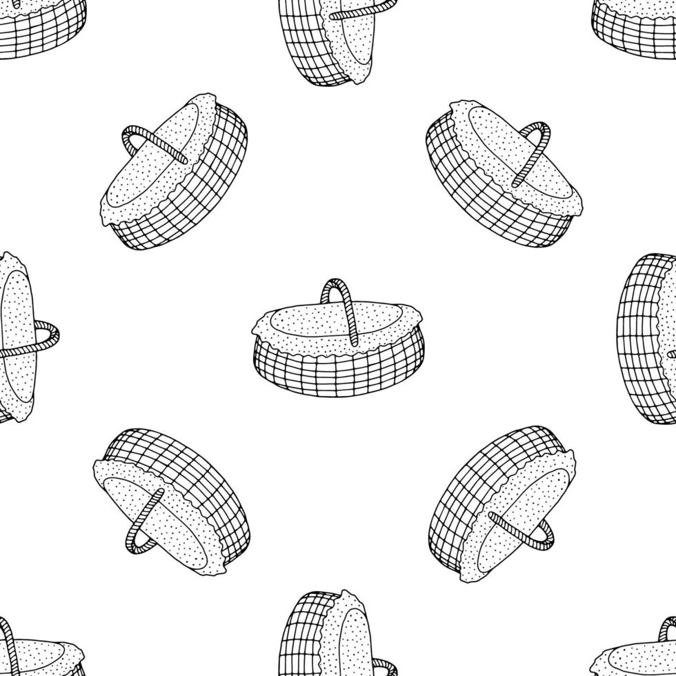Wicker basket oval with a napkin seamless pattern, hand drawing line. Black and white image.Oval basket for a holiday, picnic, Pets.Home item.Vector vector
