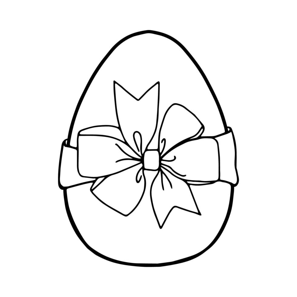 Easter egg with a bow-Doodle style . A black-and-white image isolated on a white background.Festive egg with a ribbon.Coloring.Outline drawing by hand.For postcards, decorations for Easter. vector