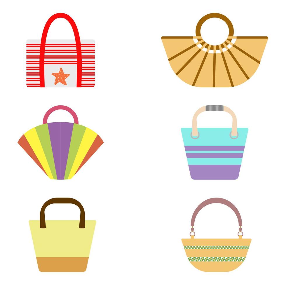 un conjunto de bolsos de playa al estilo de una ilustración plana.un conjunto de bolsos de mujer.bolsos de verano brillantes para la playa.ilustración vectorial vector