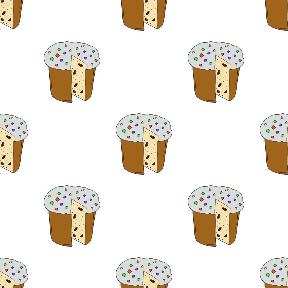 Easter cake seamless pattern isolated on white background.Scenes with a cut piece with raisins and candied fruits.Spring holiday of Easter.happy Easter.Vector vector