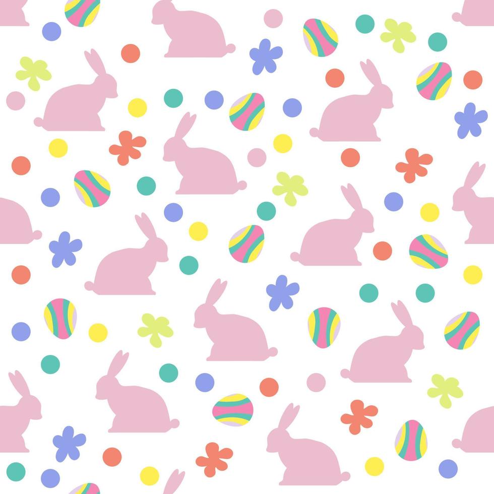 Rabbits, eggs, flowers seamless pattern for Easter. Delicate colors. Nice illustration. For printing, packaging, children's textiles, multi-colored design, pink rabbit, Easter eggs. Vector