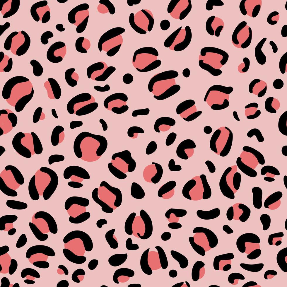 Leopard spots seamless pattern on pink background. Yellow-orange animal print. Trends. Black spot. Wildlife. Textile print. Vector