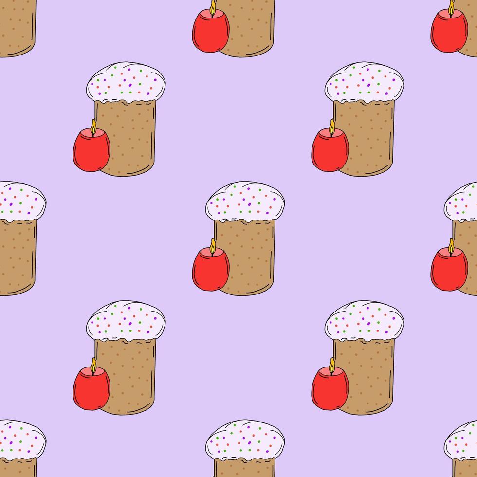 Easter cake seamless pattern with sprinkles and a candle in the shape of an egg on the violet background.Hand drawing.Spring holiday of Easter.Vector illustration vector
