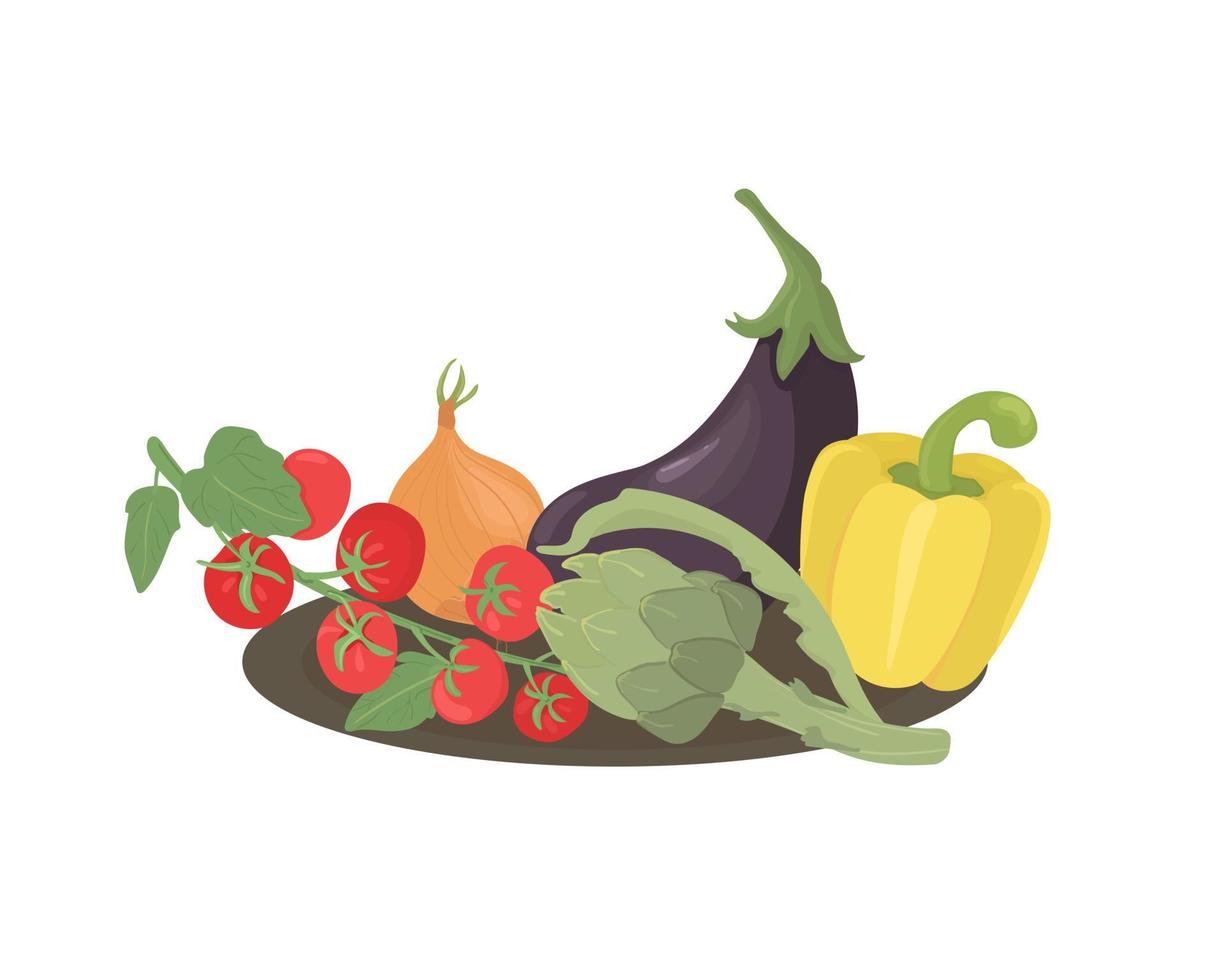 Vegetables on a plate. A set of vegetables for cooking. Fresh farm vegetables. A stall with vegetables. vector
