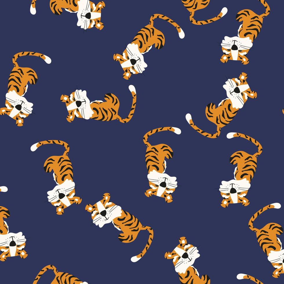 Tiger on a blue background. The pattern is seamless with the symbol of the year. Blue background. Chinese tiger vector