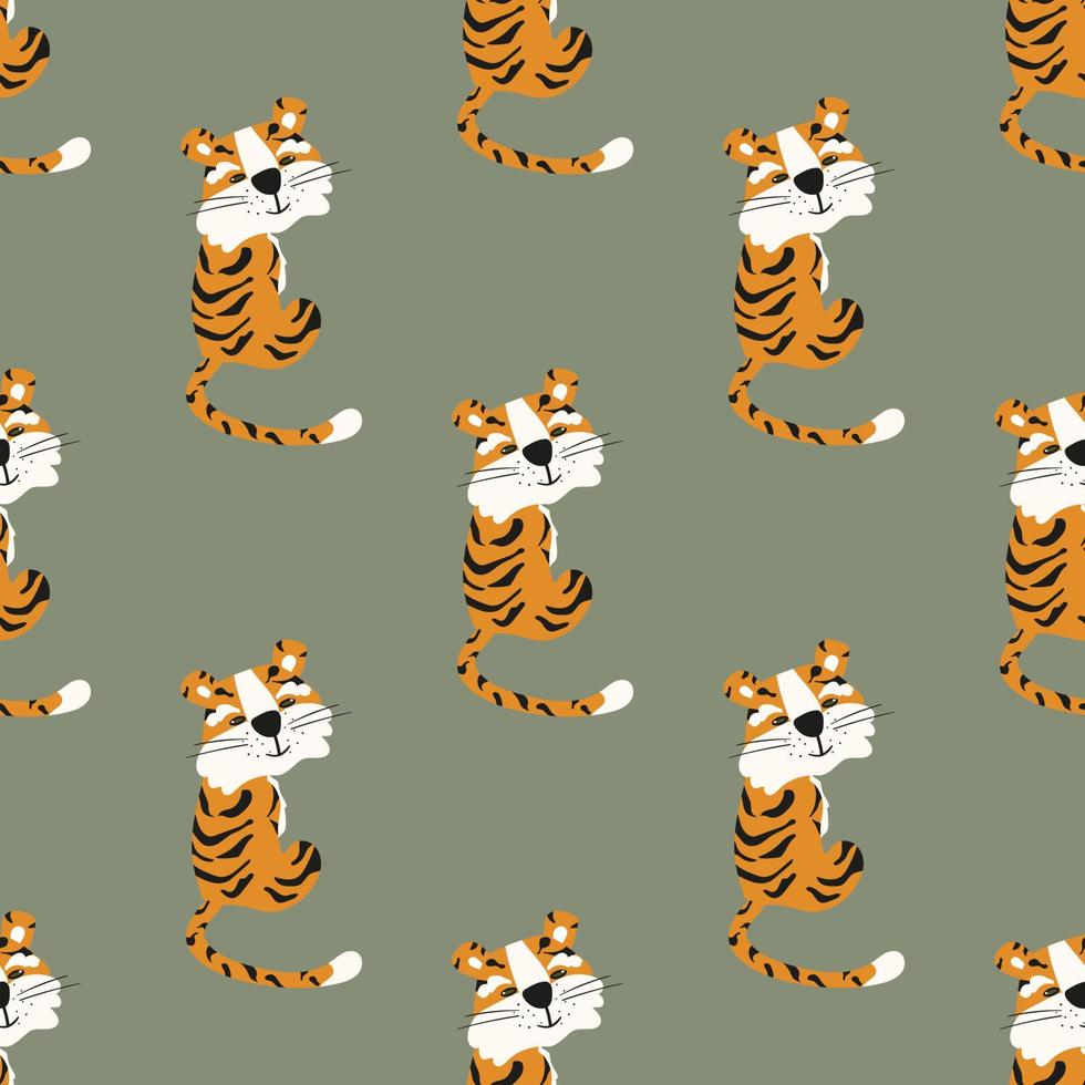 Seamless pattern with tigers. Green background. Chinese tiger.For fabric, wrapping paper, wallpaper. vector