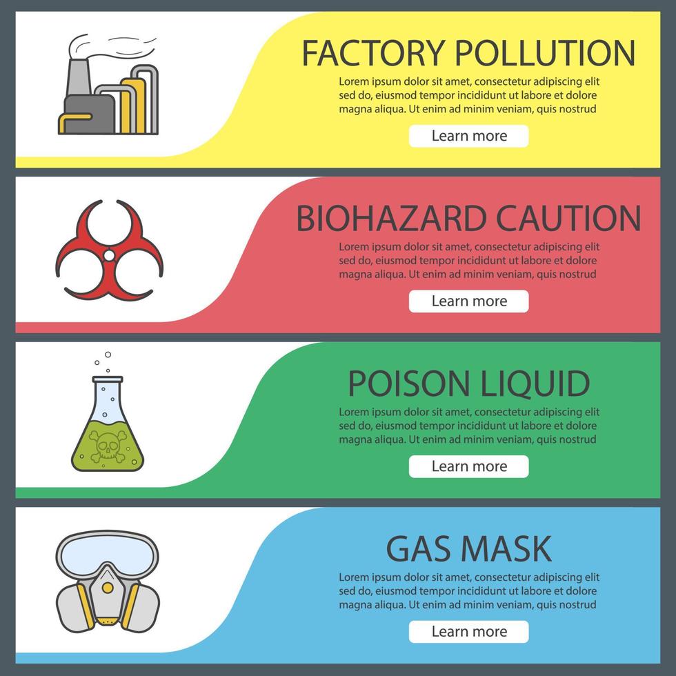 Conjunto de plantillas de banner de la industria química. fácil de editar. contaminación del aire de fábrica, líquido venenoso, símbolo de riesgo biológico, máscara de gas. elementos del menú del sitio web. banner web en color. conceptos de diseño de encabezados vectoriales vector