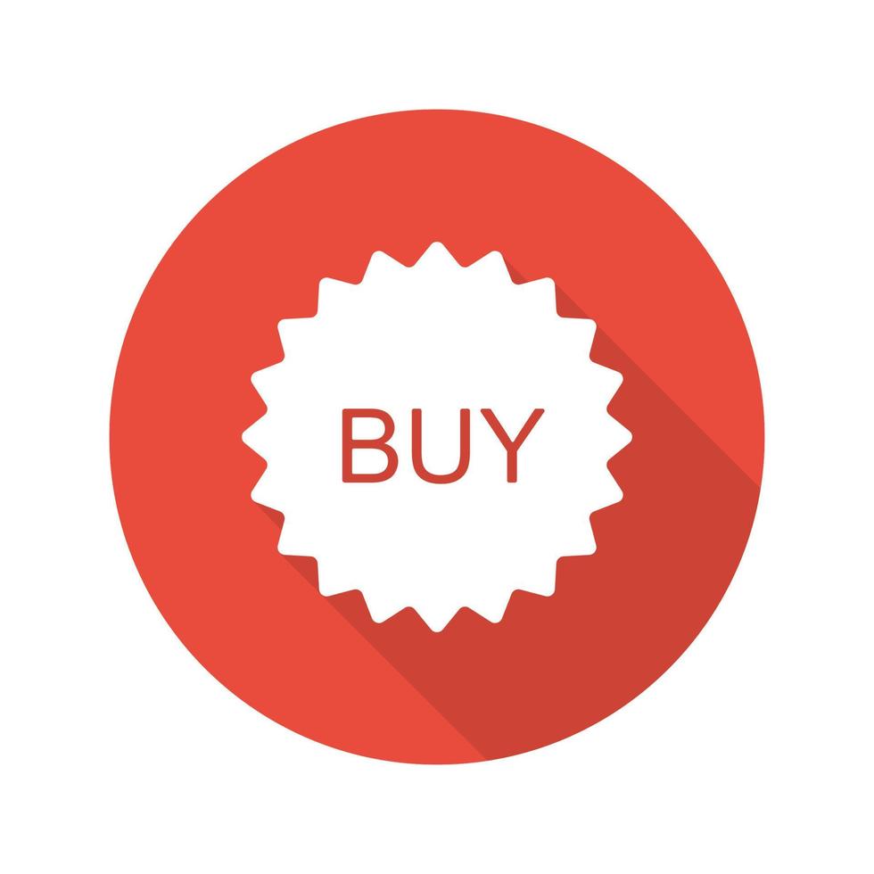 Buy red sticker. Flat design long shadow icon. Add to basket badge. Vector silhouette symbol