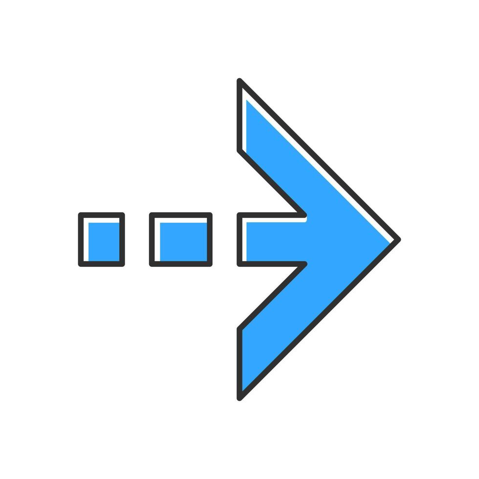 Blue arrow with dotted dash line color icon. East direction. Arrow pointing to right direction. Next, forward. Navigation pointer, indicator sign. Direction move. Isolated vector illustration