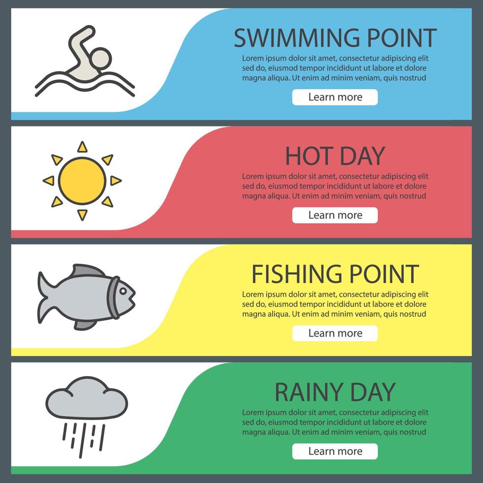 Summer outdoor recreations banner templates set. Easy to edit. Swimmer, sunny and rainy weather, fishing. Website menu items. Color web banner. Vector headers design concepts
