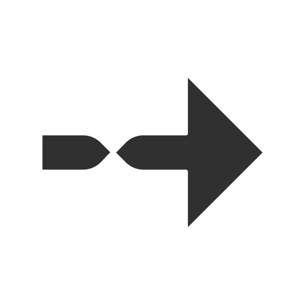 Twisted arrow glyph icon. Direction arrowhead. Pointing cursor. Arrow indicating rightward. Pointer, indicator. Next. Navigation sign. Silhouette symbol. Negative space. Vector isolated illustration