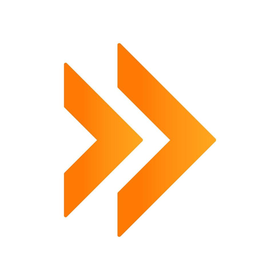 Double orange arrow flat design long shadow color icon. Rewinding button. Navigation pointer symbol. Next, forward arrow pointing rightward. Indicating cursor. Vector silhouette illustration