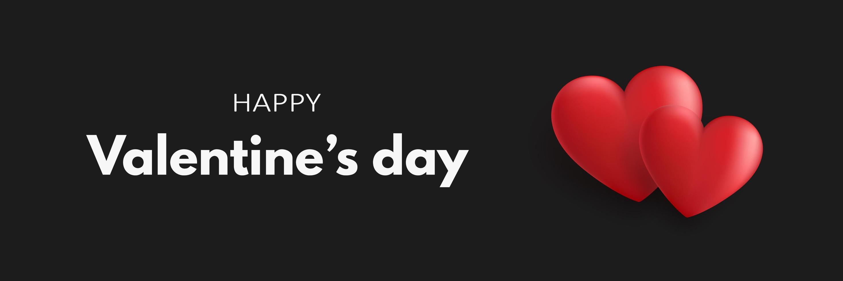 feliz día de san valentín banner con dos corazones rojos 3d sobre un fondo negro. ilustración vectorial vector