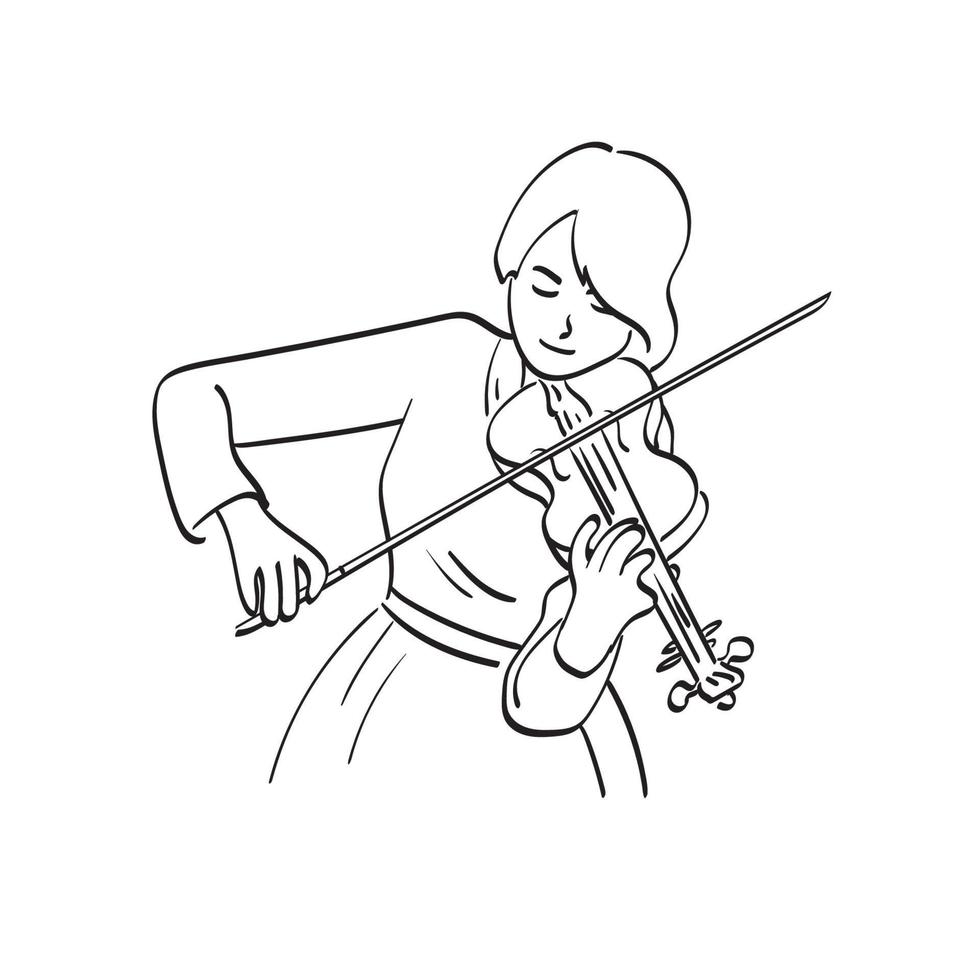 línea arte media longitud mujer tocando violín ilustración vector dibujado a mano aislado sobre fondo blanco