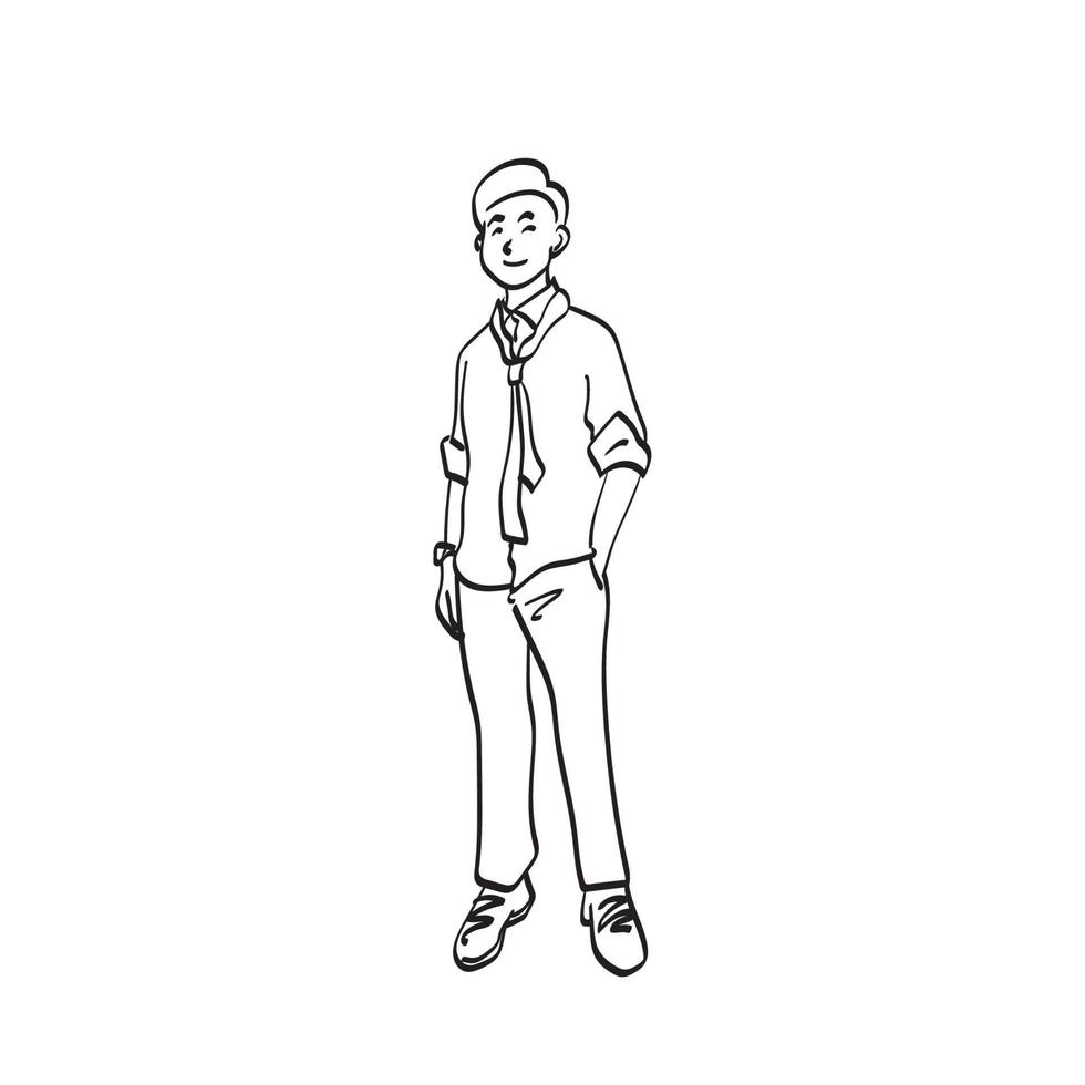 hombre de negocios de arte de línea de pie con relajación después del trabajo ilustración vector dibujado a mano aislado sobre fondo blanco
