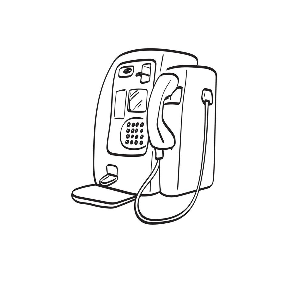 retro teléfono público ilustración vector dibujado a mano aislado en el arte de línea de fondo blanco.