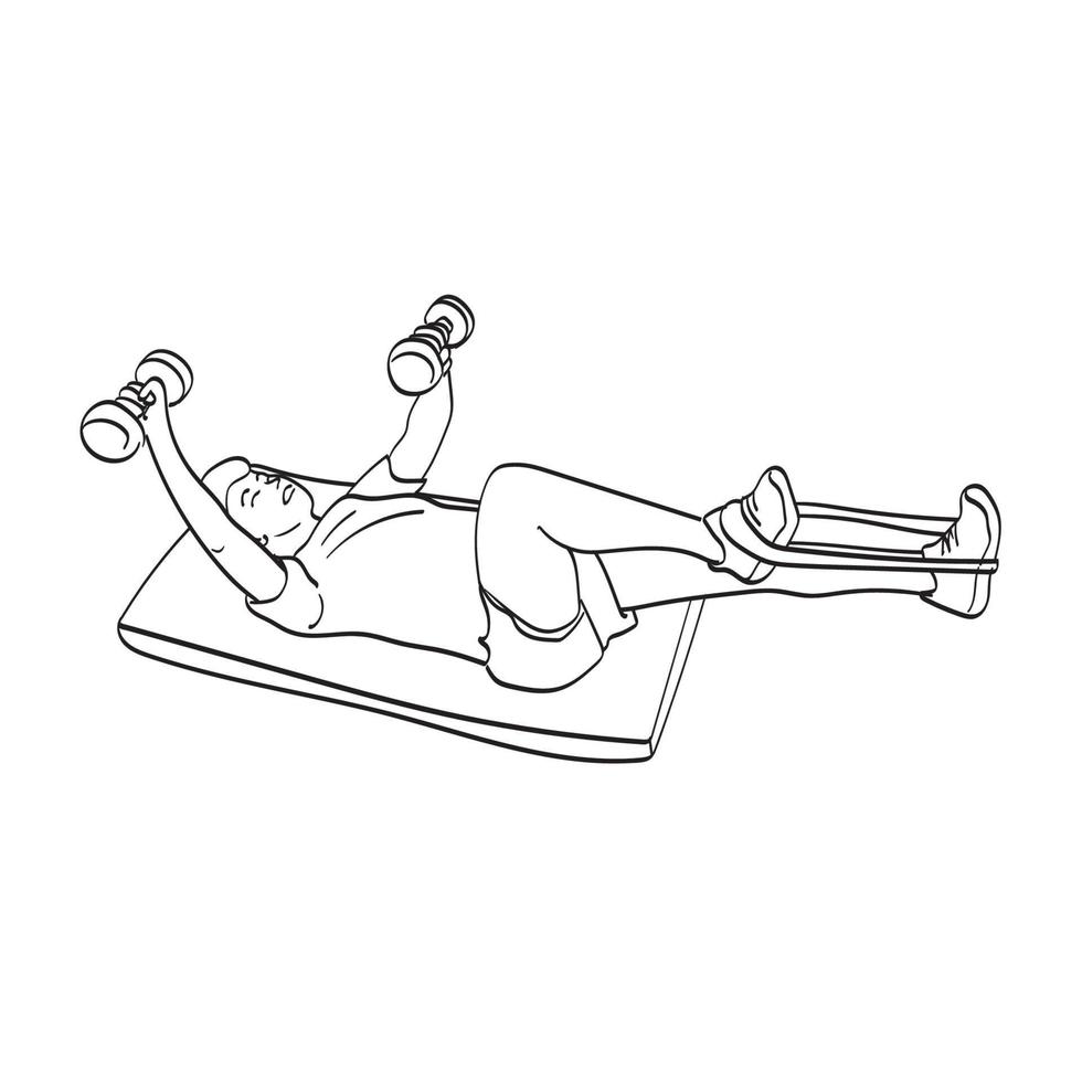 man exercising with dumbells on mat illustration vector hand drawn isolated on white background line art.