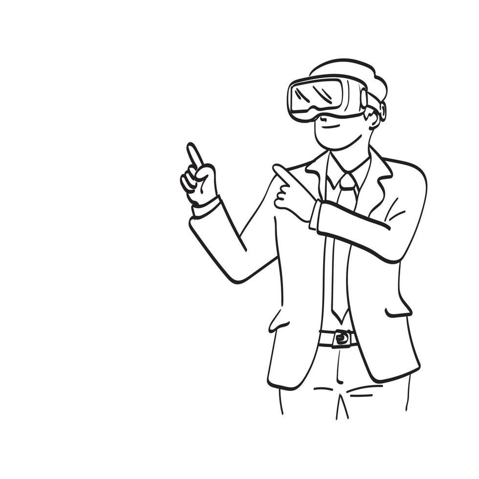 hombre de negocios de arte de línea con gafas vr apuntando con el dedo a objetos en el mundo digital ilustración vector dibujado a mano aislado sobre fondo blanco