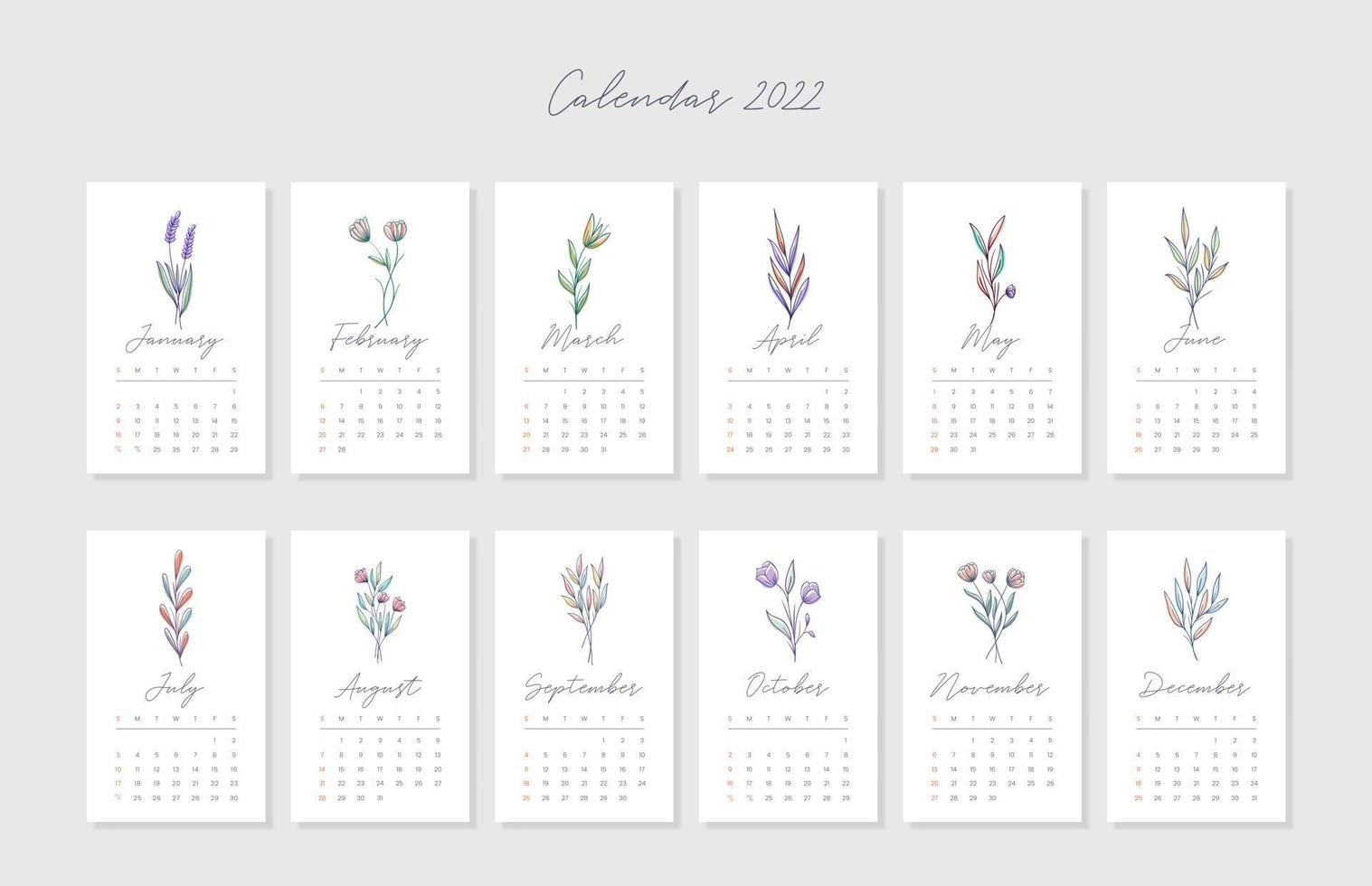 hermosa plantilla de calendario con colecciones florales vector