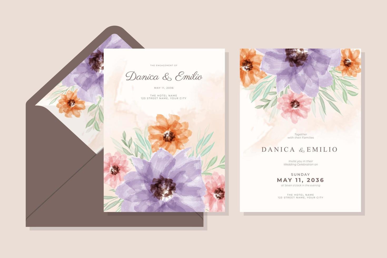 plantilla de tarjeta de boda romántica y elegante con flores y sobre vector