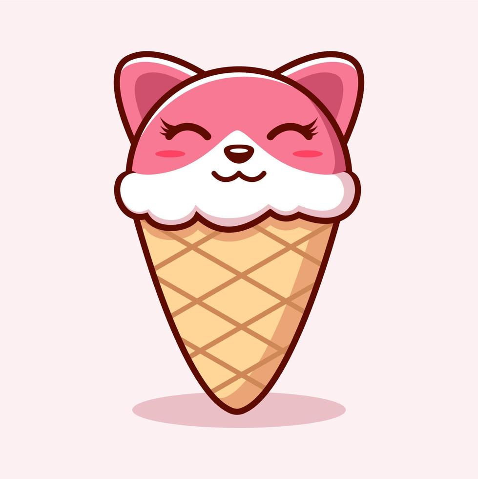 Cute Ice Cream Cat  Illustration. Animal Flat Cartoon Style vector