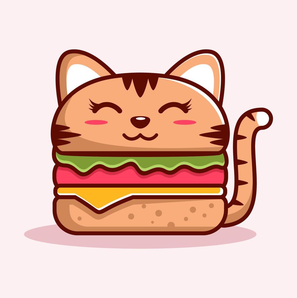 linda ilustración de gato hamburguesa. estilo de dibujos animados plana animal vector