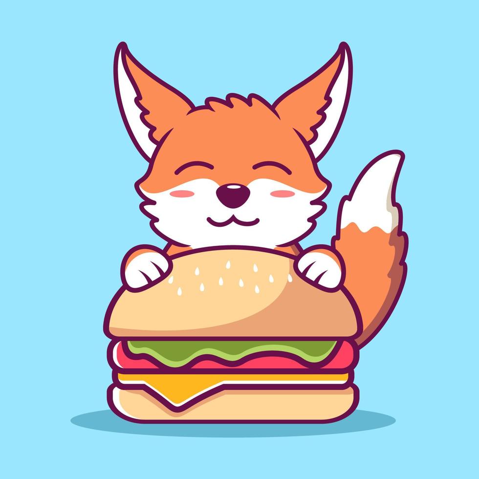 Cute Fox And Burger Cartoon Icon Illustration. Animal Flat Cartoon Style vector